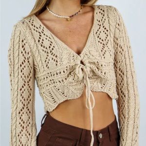EN CRÈME Women’s Crochet Tie Front Long Sleeve “Shorty” Top